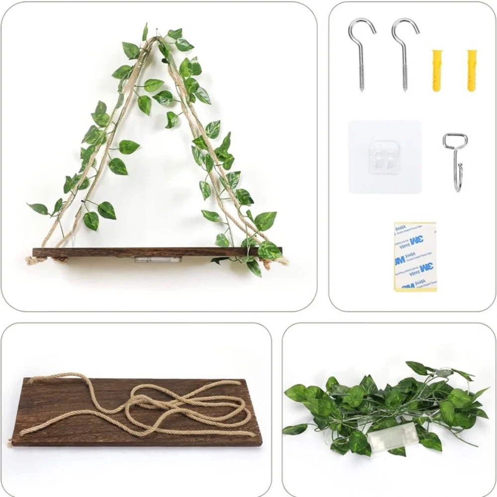Triangle Floating Shelves with Green Leaves and LED Lights. (No Drilling)